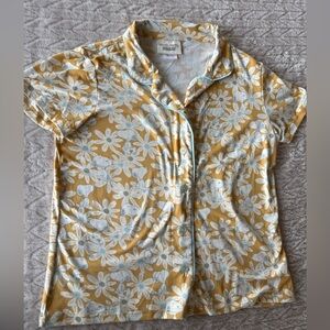Munki Munki Peanuts Yellow Floral Button-Front Pajama Top with Light Blue Piping